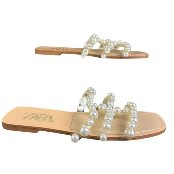 Zara Sandals Women Sz 40 (US 9) Clear Strap Pearl Embellished Coastal Slide Flat - Picture 1 of 9